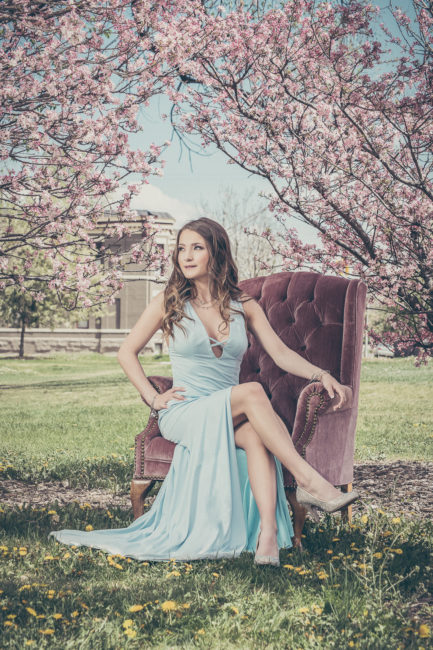 denver senior in a blue dress sitting in a pink chair with pink tree blossoms