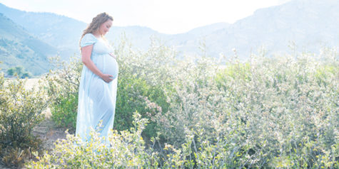denver maternity and newborn portrait of mother in a blue dress in green bushes