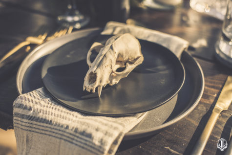 table setting with plate, napkin, and skull