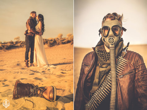 bride and groom kissing in background with shoe in foreground, next to a groom wearing a gas mask